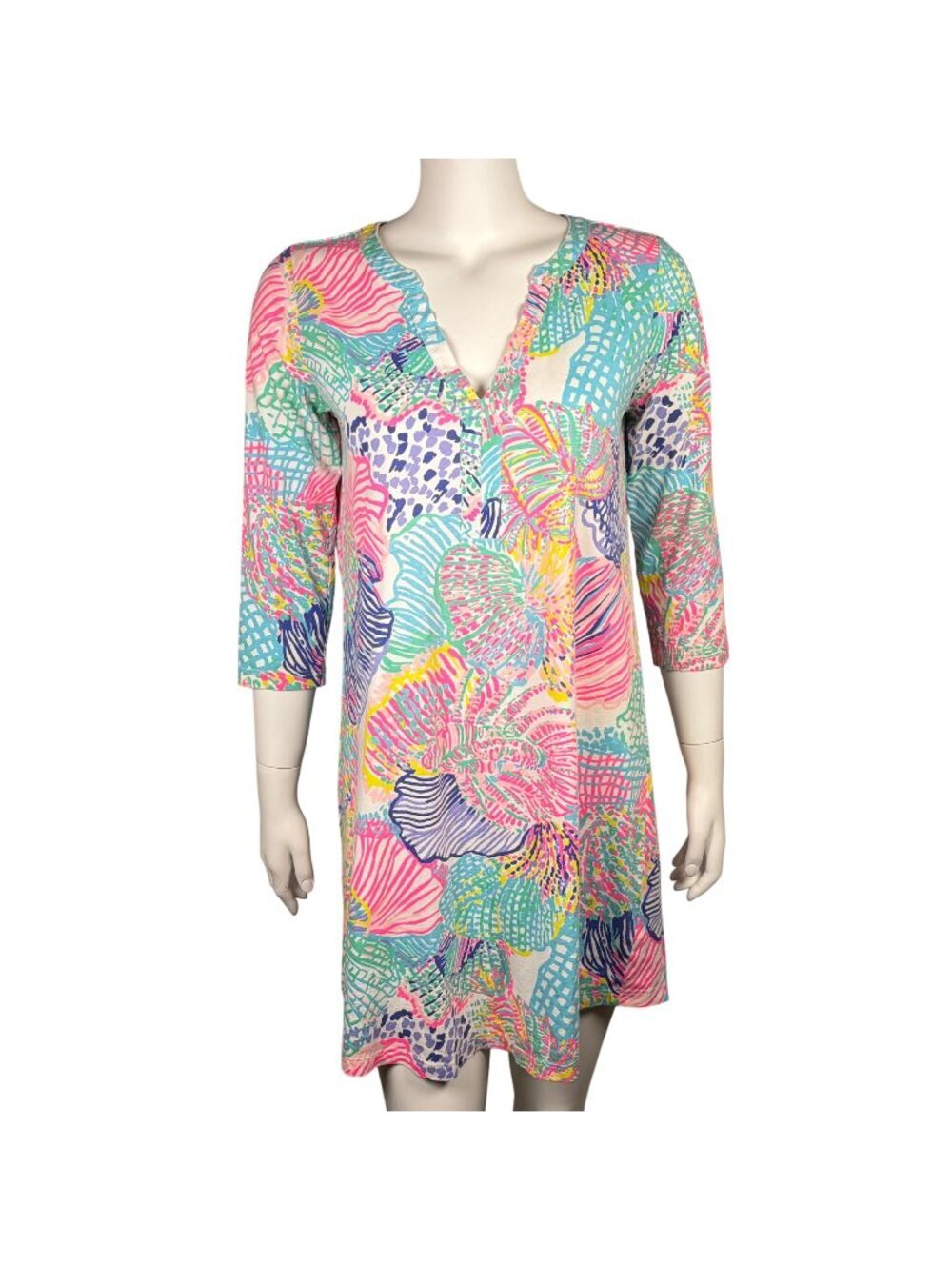 Lilly Pulitzer Ali Dress Size M Roar of the Seas V Neck 3/4 Sleeves Pima Cotton